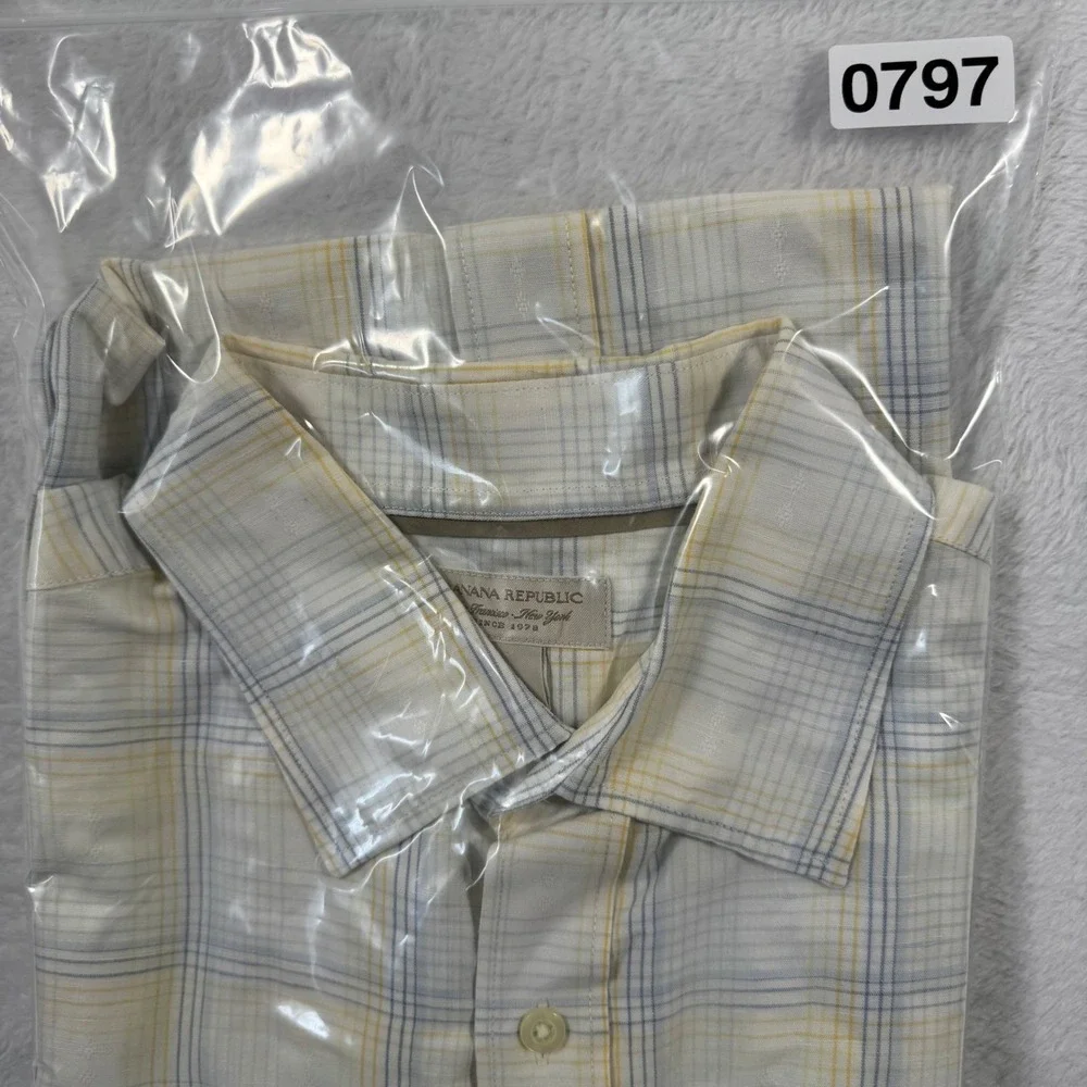 Banana Republic Button Down‎ Shirt Mens L White Yellow Plaid Linen Cotton Blend